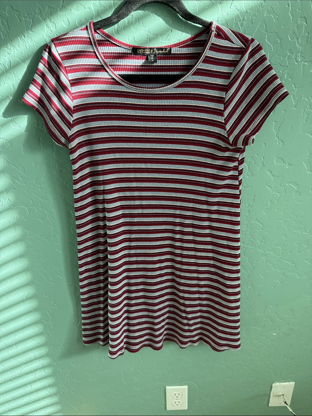 Staccato Burgundy and White Striped Short-Sleeve Scoop Neck dress
